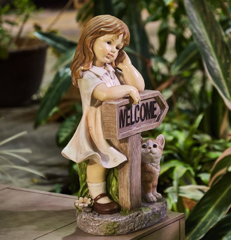Floryden Girl Garden Statue with Solar LED Lights, Solar Girl Welcome Sign with Cat Garden Statue for Outdoor Decor, Porch, Patio, Yard Art Decorations, Polyresin 17.3 inch - Image 2